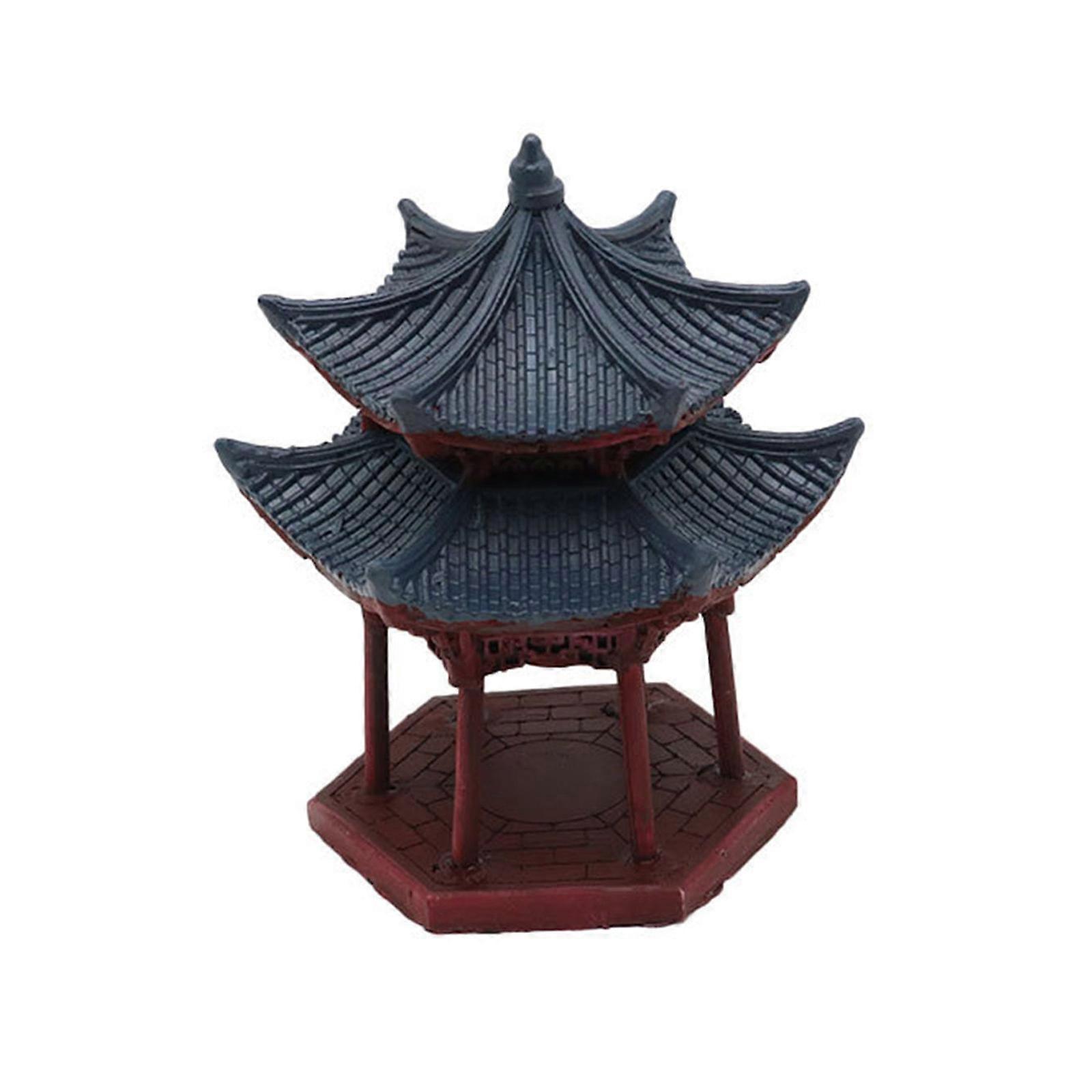 Double Layer Hexagonal Pagoda Fishtanks Decors Chinese Styles Resin Ornament for Aquariums Landscape and Desktop Display Multicolor