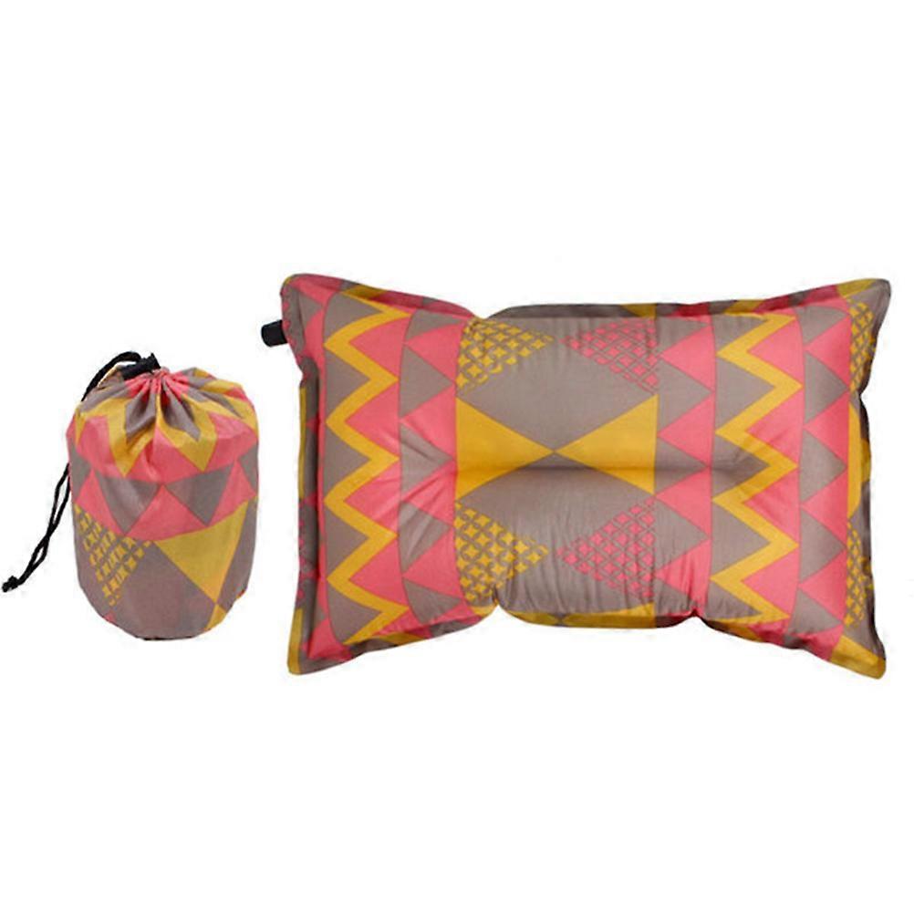 Automatic Inflatable Camping Pillow Portable Travel Neck Support with National Style Print, Red Yellow Design for Outdoor Adventures, Office Use,