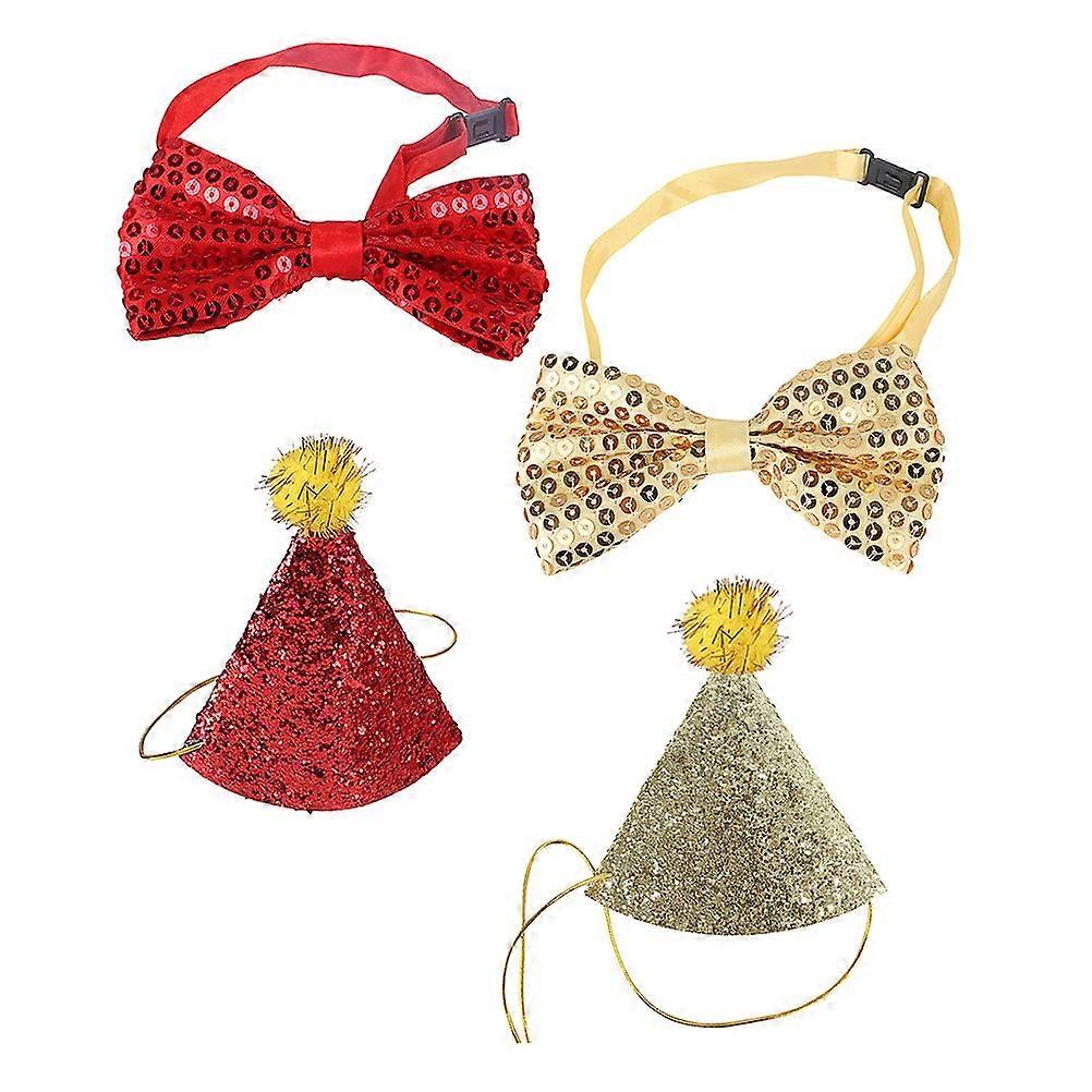 Small And Medium Sized Pets Birthday Party Hat And Bow Tie Decorations With Shiny Sequins In Red