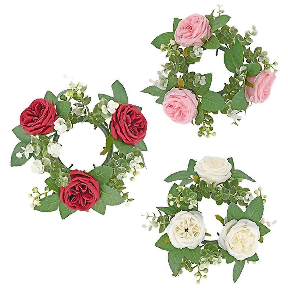 Assorted Color Artificial Rose Candle Ring for Wedding Party Decoration Tabletop Wreath 3pcs