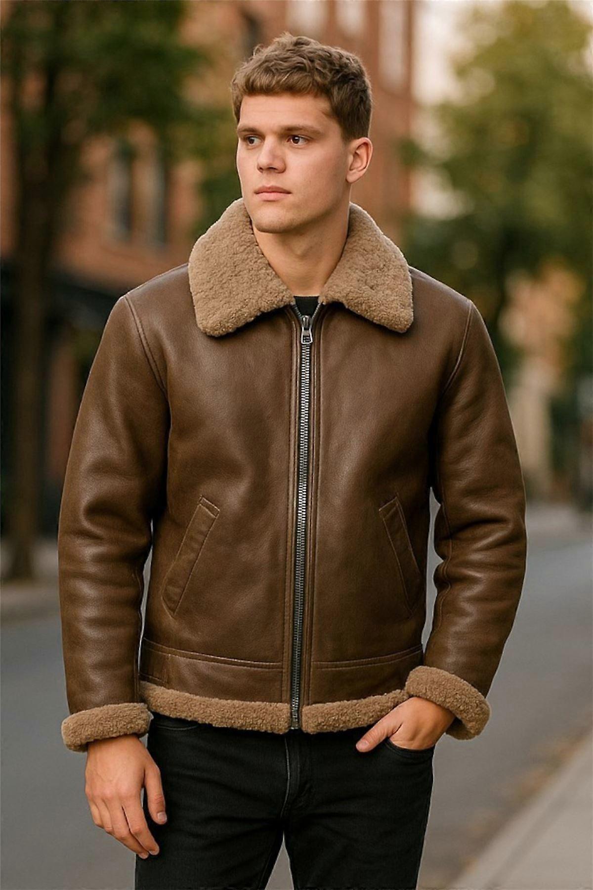 B3 Aviator Real Shearling Brown Sheepskin Leather Flight Bomber Jacket Men's XS-3XL