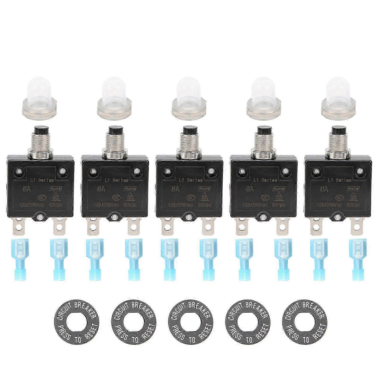 8A Thermal Circuit Breaker with Quick Connect Terminals Waterproof Cap Push Button Manual Reset