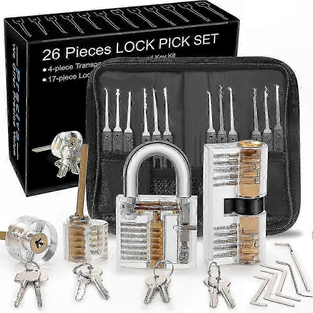 Beginner Lock Picking Set with 4 Transparent Practice Locks and 26 Tools for Skill Development