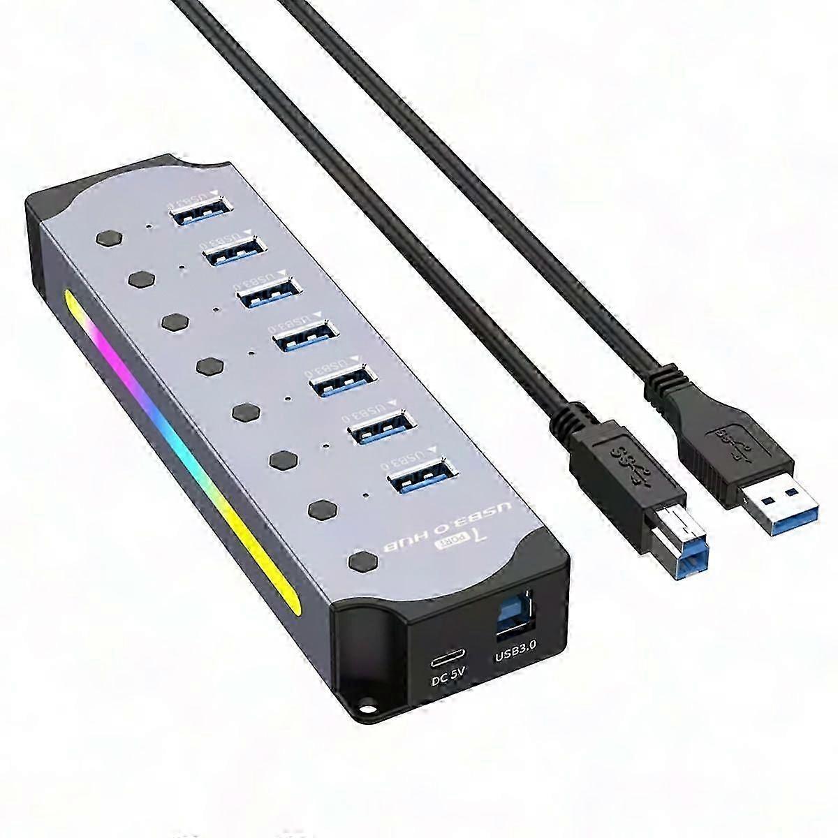 USB 3.0 Hub 7-Port with RGB LED Strip, Dynamic Lighting Modes, Individual Switches, Aluminum Case for PC & Laptop, EU Plug