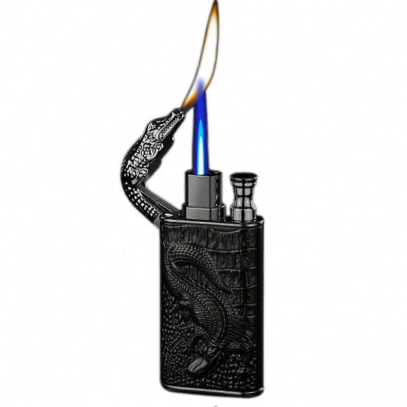 Crocodile-Relief Magics Dual Flame Lighter Windproof Refillable Metal Butane Lighter for Camping Candles