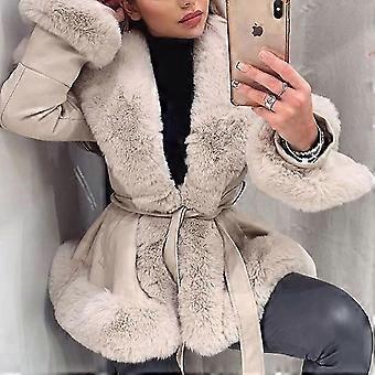 Women's Faux Leather Jacket With Faux Fur Collar Long Sleeve Parka With Pockets Warm Winter Coat With Belt Beige