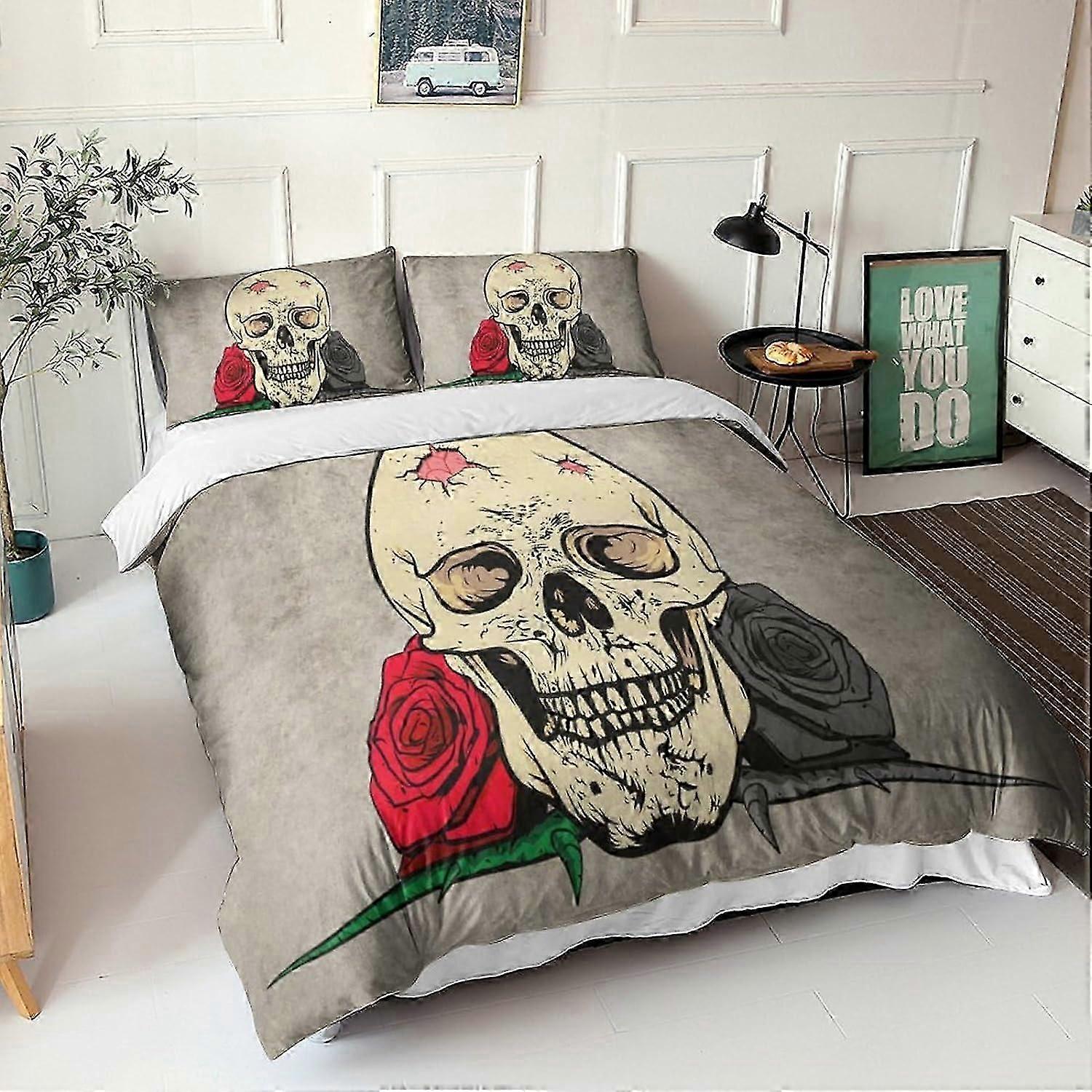 Capa de edredom esqueleto gótico, conjunto de cama impresso caveira Capa de edredom de microfibra e fronha para quartos com fechamento com zíper Capa de edredom C 135 * 200 CM