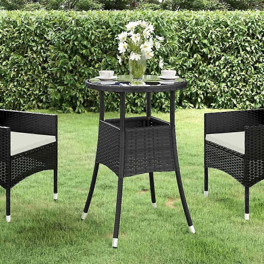 Garden Table Ø60x75 cm Tempered Glass and Poly Rattan Black