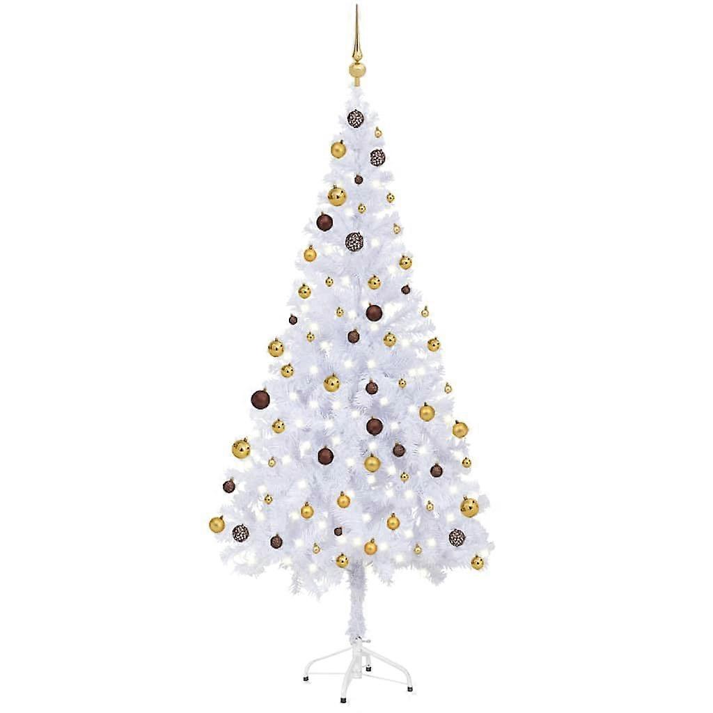 5.9 ft White PreLit Christmas Tree with Warm LED Lights, Cone Shape, Gold Ornaments, Indoor Decor