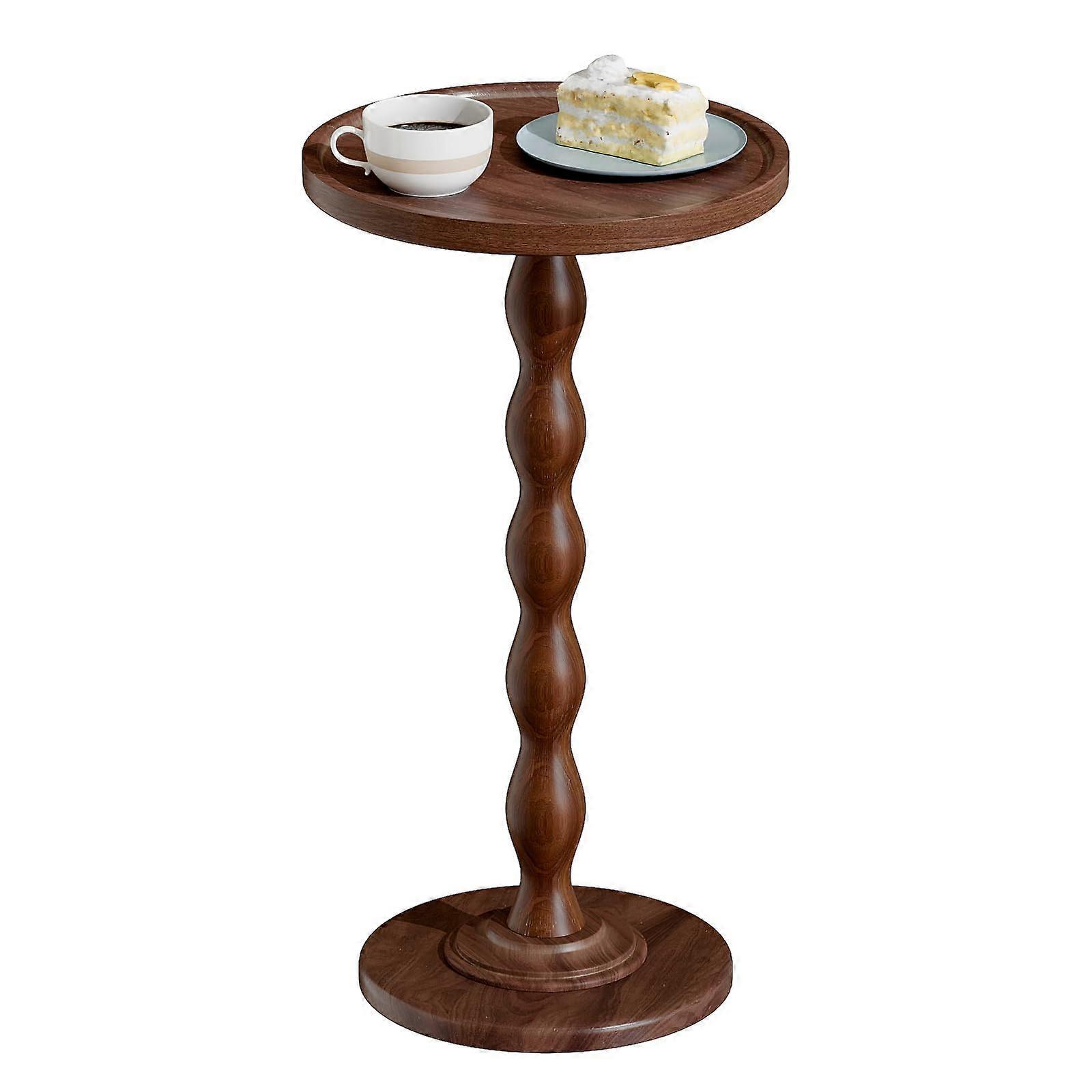 Solid Wood Side Table Round End Table with Pedestal Stable Base for Living Room Rustic Brown