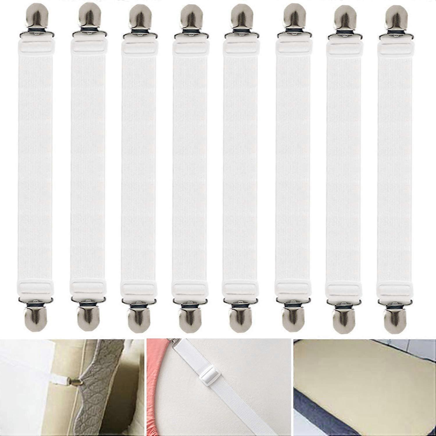 8pcs Adjustable Bed Sheet Straps and Clips, Elastic Holders for Secure Fitted Sheets, White