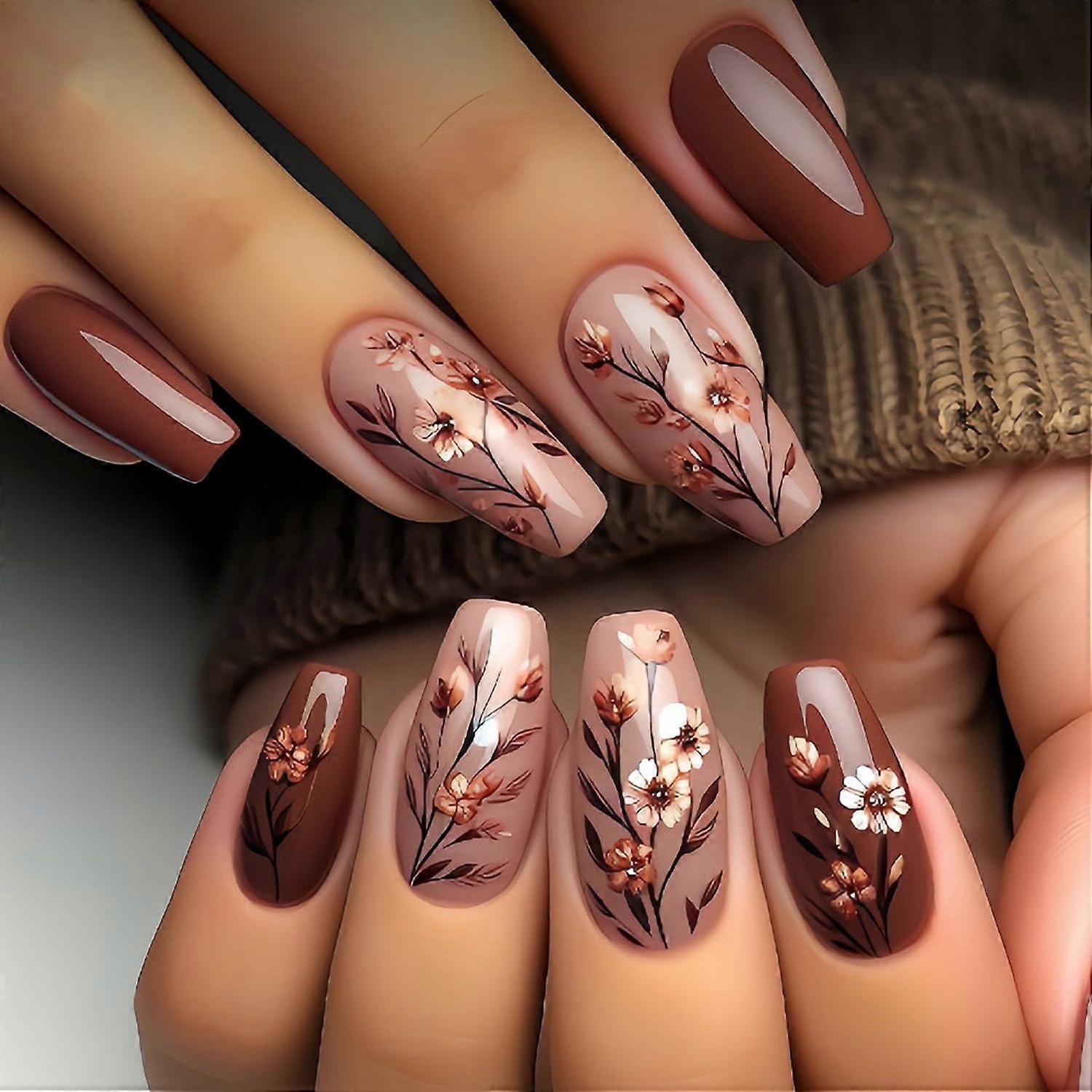 24 Pcs Medium Coffin Press On Nails Brown Floral Acrylic False Nails Glossy Reusable Set