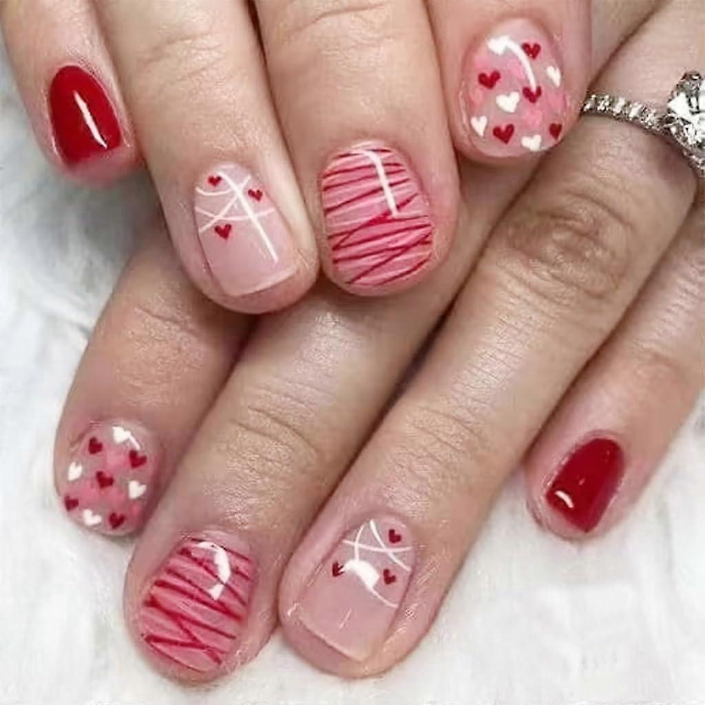 Valentine's Day Press On Nails Short Square False Nails with Romantic Heart Design