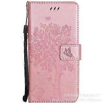 Case For Iphone 13 Mini Rose Gold Embossed Cat And Tree Card Holder Leather No8526