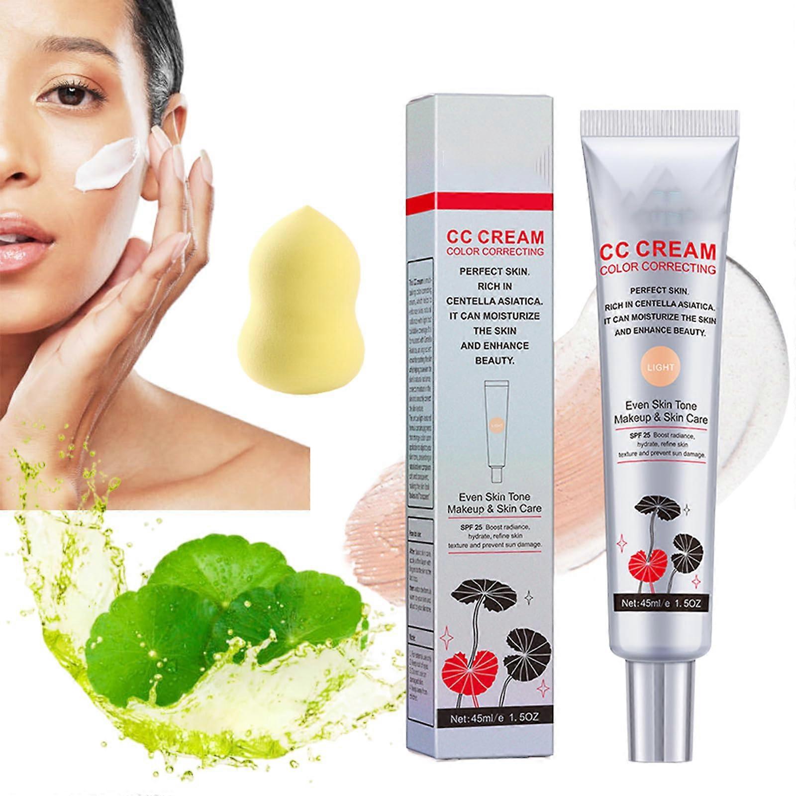 Hydrating CC Cream Foundation with SPF 25, Color Correcting Coverage, Centella, Light, 45ml + Sponge