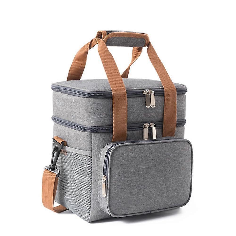 Insulated Double Layer Lunch Bag with Large Capacity, Leakproof Waterproof Design, Gray Shoulder Strap