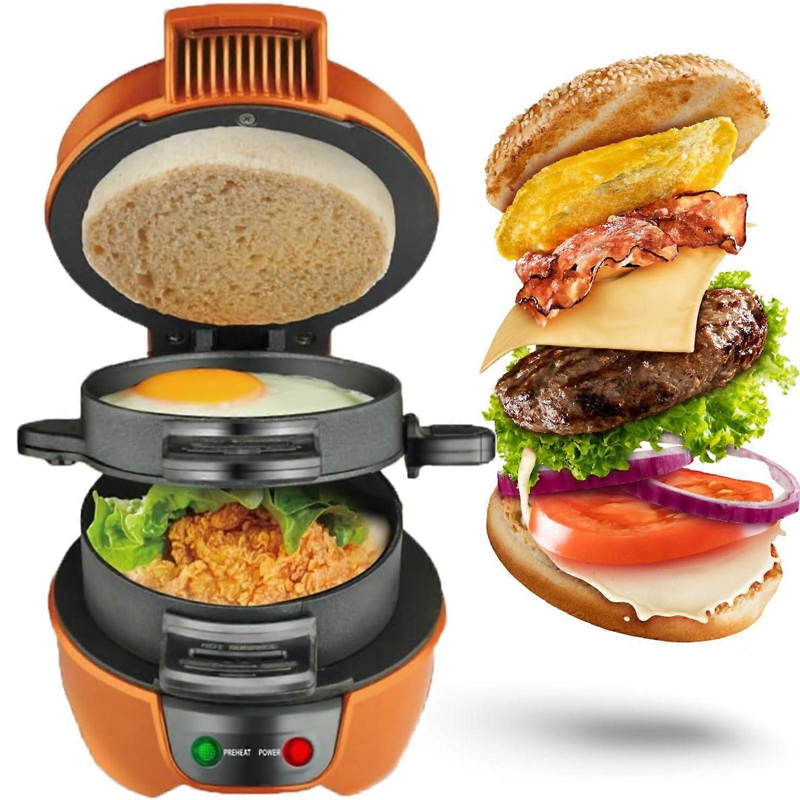 Breakfast Sandwich Maker with Egg Ring and Hamburger Press, NonStick Plates, Indicator Light, Yellow