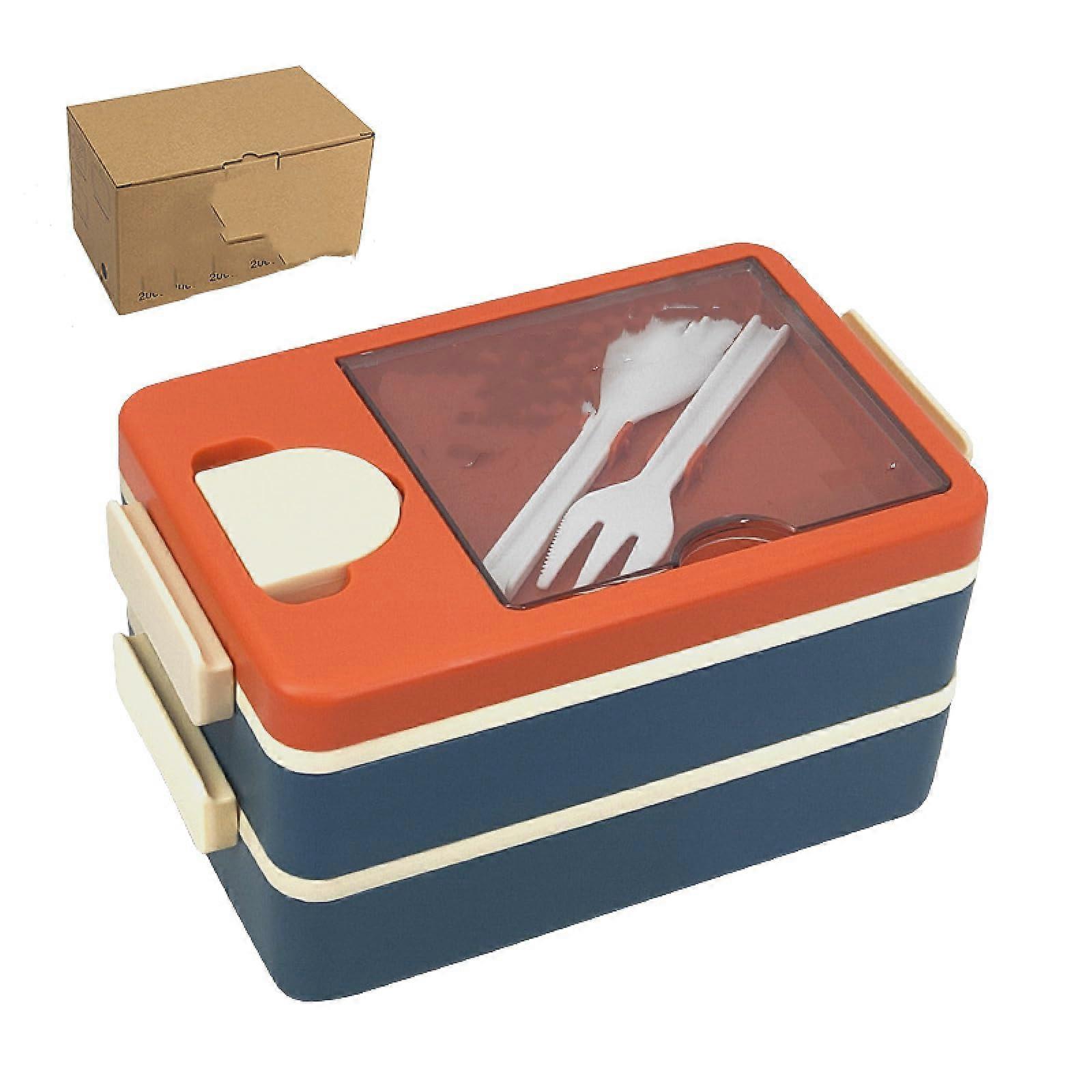 Large Capacity Double Layer Bento Lunch Box with Leakproof Compartments and Sauce Container, OrangeBlue