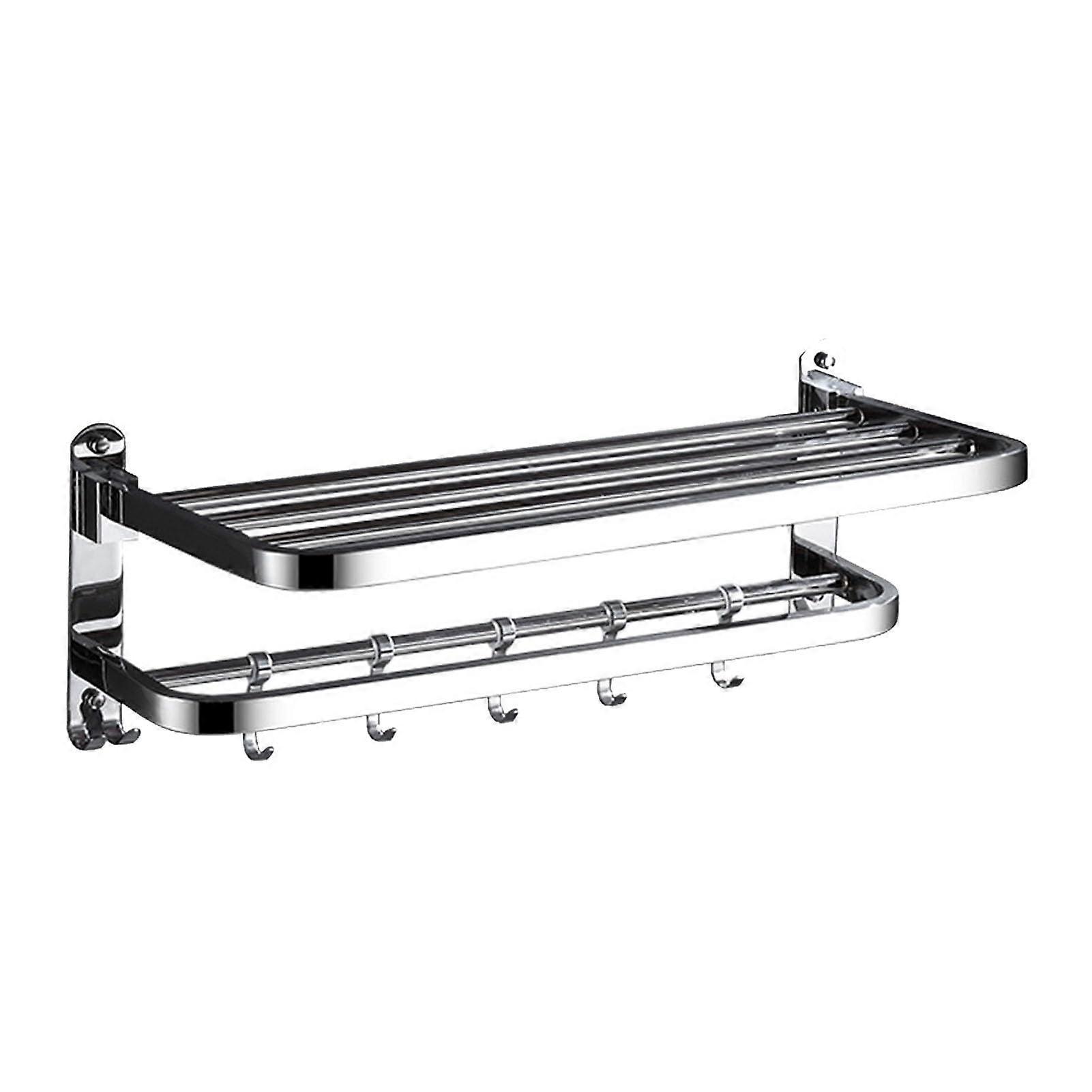 Wall Mounted Foldable Towel Rack with Hooks, Rustproof 304 Steel Adhesive Bathroom Shelf