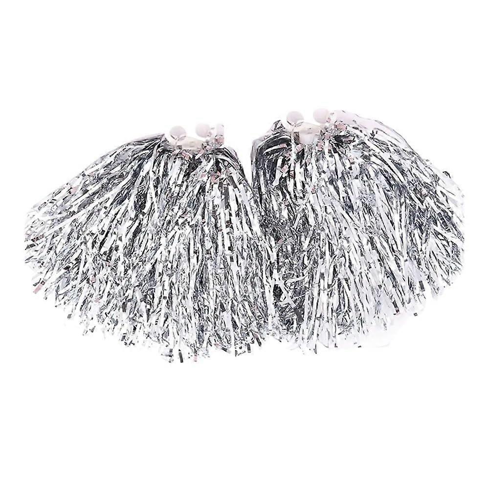 Silver Cheerleading Pompoms Pair with Durable Plastic Handle for Dance Party and Team Performance
