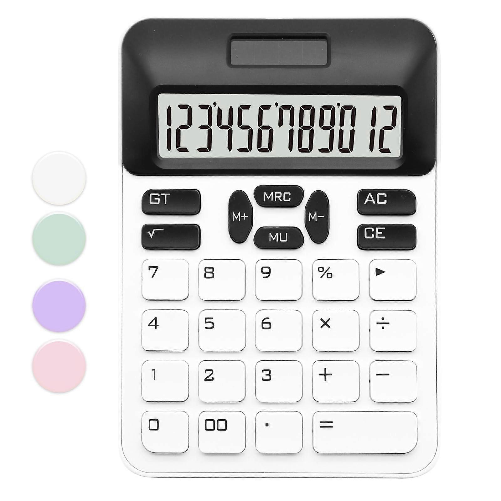 White 12 Digit Desktop Calculator with Large Tilted Display for Office, Home, School,