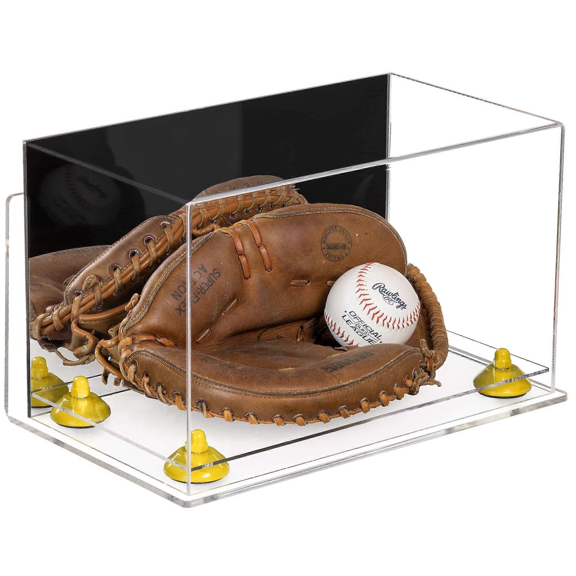 Baseball Glove Display Case Clear Acrylic with Mirror Back, Wall Mount, Yellow Risers, Clear Base