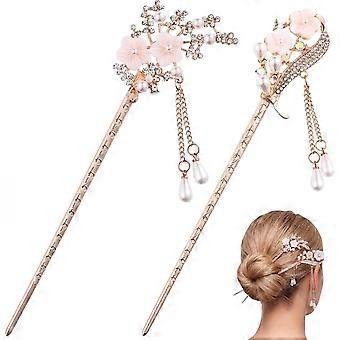 2 Stück Strass-Perlenblumen-Haarstäbe, chinesische Haarstäbchen, Vintage-Quasten-Haarnadeln, Chignon-Nadeln, Haarstyling-Accessoires für Damen