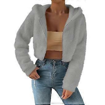 Cropped Fleece Jackets for Women Fashion Zip Up Plush Sherpa Warm Coats Comfy Soft Long Sleeve Fuzzy Hooded Outerwear Gray L