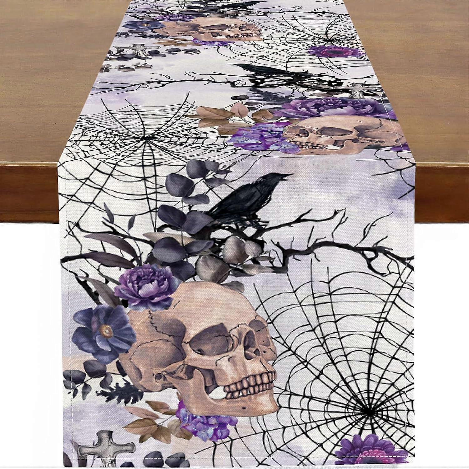 Purple Skull Spider Web Gothic Table Runner