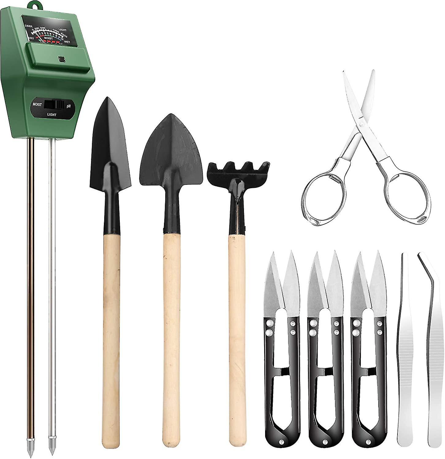 Humidimeter For Plants With 9 Tools For Bonsai, 3 In 1 Floor Tester, For Moisture / Sun / Ph Light Tester, With Pruning, Folding Scissors, Mini Rake