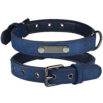 Soft Leather Personalized Dog Collar Engrave ID Name Custom for Small Large Dogs(Blue M)
