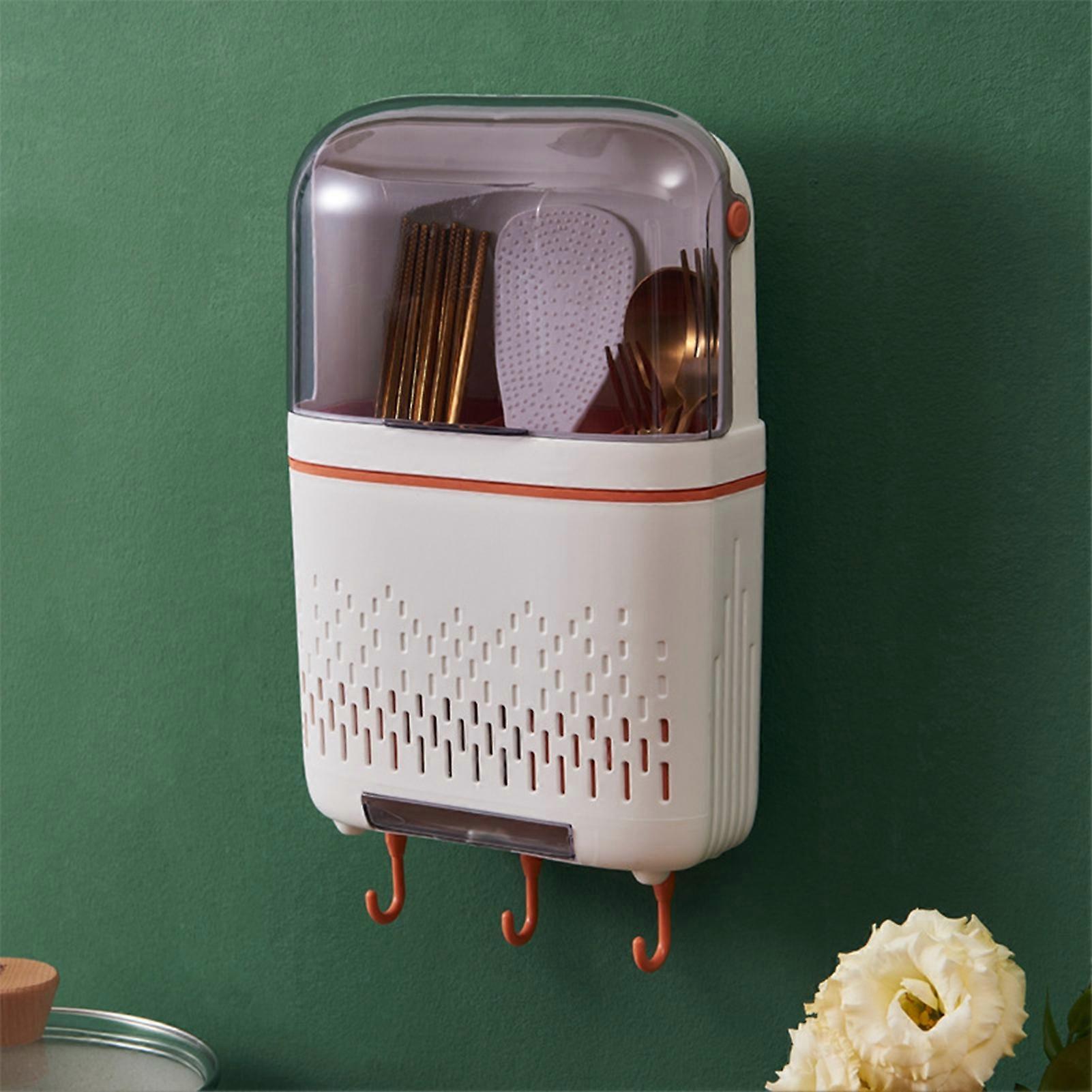 Kitchen Hanging Rack Rustproof Waterproof Compartmental Storage Cutlery Drainer with Cover White 