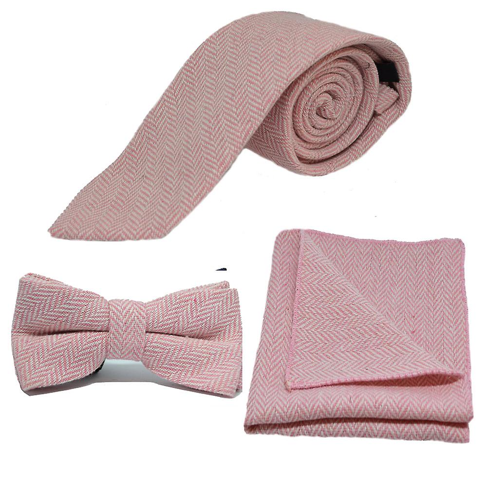 Candy Pink &amp; Cream Herringbone Tie, Bow Tie &amp; Pocket Square Set