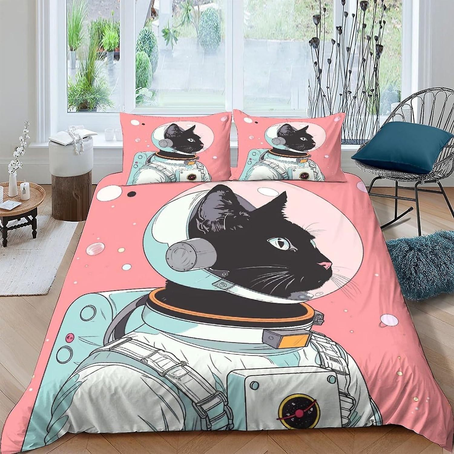 XIYIPAOLL Space Cat Poszwa na kołdrę dla chłopców Dziewczęta Drukowane w 3D postacie z anime Poszwa na kołdrę Poszwy na kołdrę z poszewkami na poduszki Zestaw pościeli Miękka mikrofibra