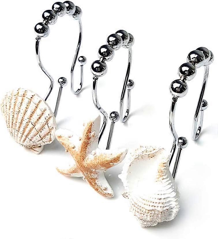 Ocean Decorative Shower Curtain Hooks Rust Proof,Stainless Steel Shower Curtain Rings with 5 Glide Rollers for Bathroom and Shower Set of 12-Hook
