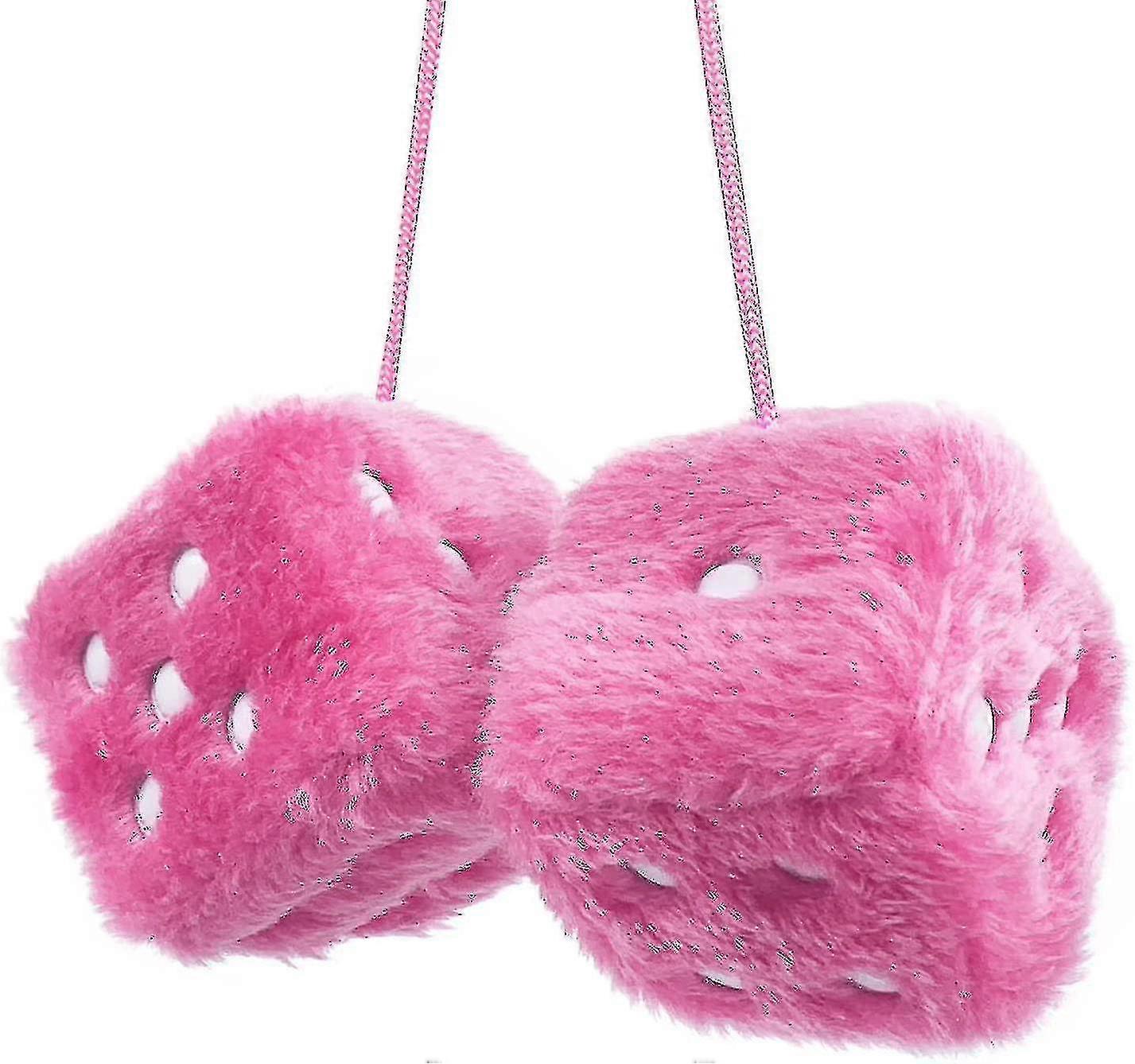 Pair Of Retro Square Mirror Hanging Couple Fuzzy Plush Dice With Dots For Car