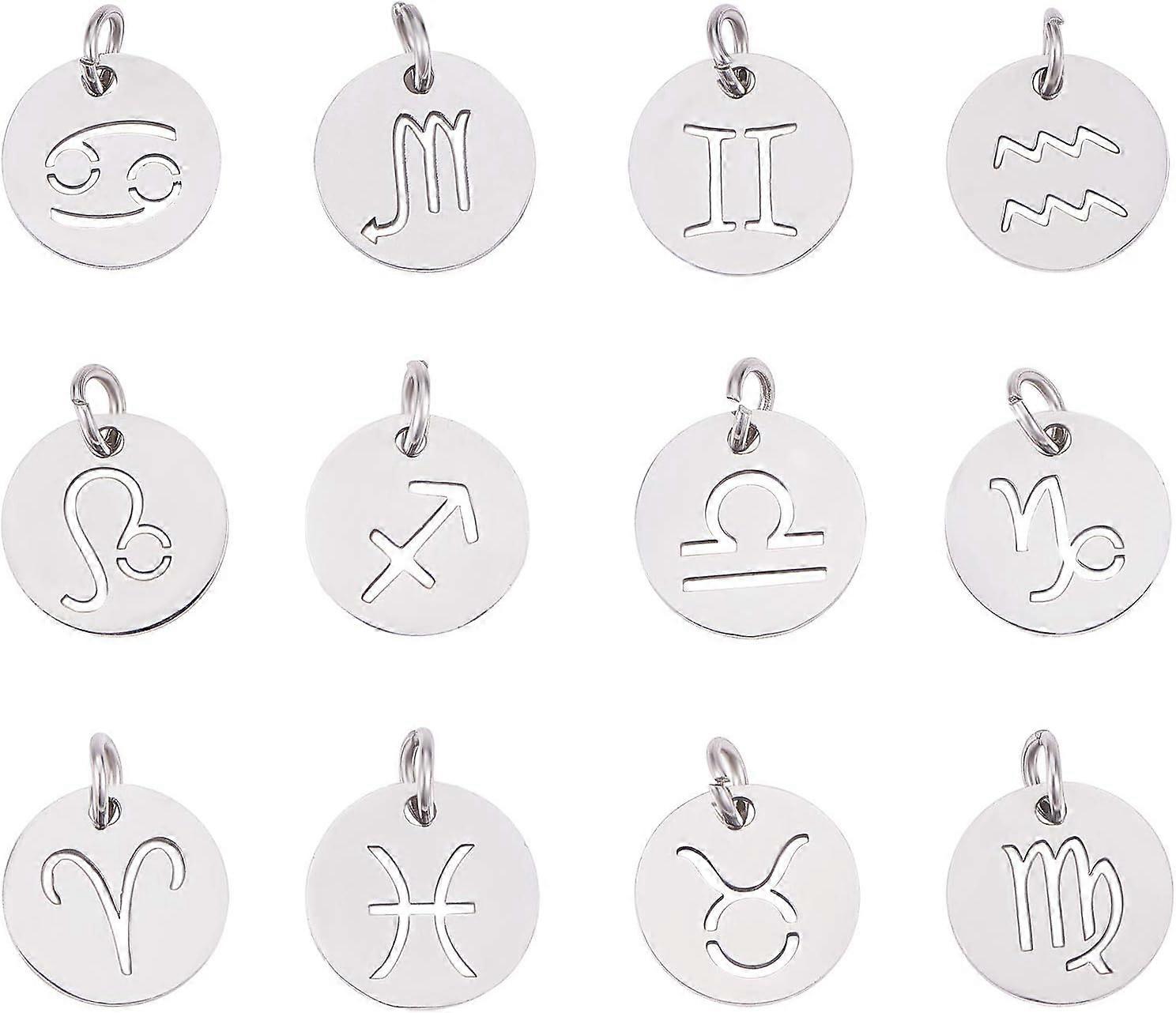 24pcs Flat Round with 12 Constellation Pendants 12mm Stainless Steel Mixed Sign Charms 3mm Small Hole Zodiac Sign Charm for DIY Necklace Bracelet Jewe