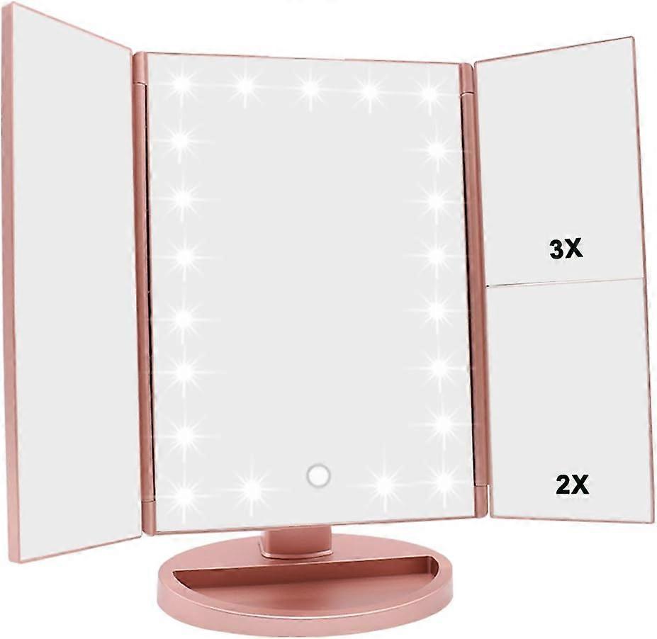 Tri-fold Vanity Mirror, 21 LEDs and 2X/3X Magnification, Touch Switch for Adjusting Brightness, Dual Power Supply mode Makeup Mirror (Rose Gold)