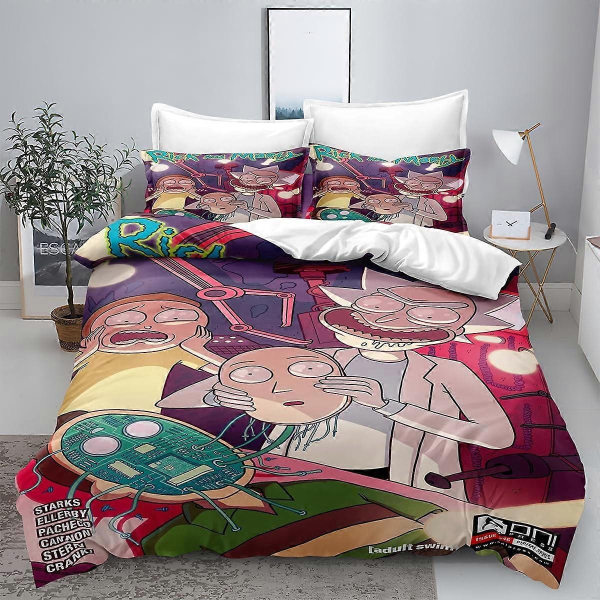 i752 Påslakan Ric-K Sängkläder Set och Morty 3D-printade lätta 3-delade täcken, 1 påslakan och 2 Pillow Shams för pojkar flickor, Quee