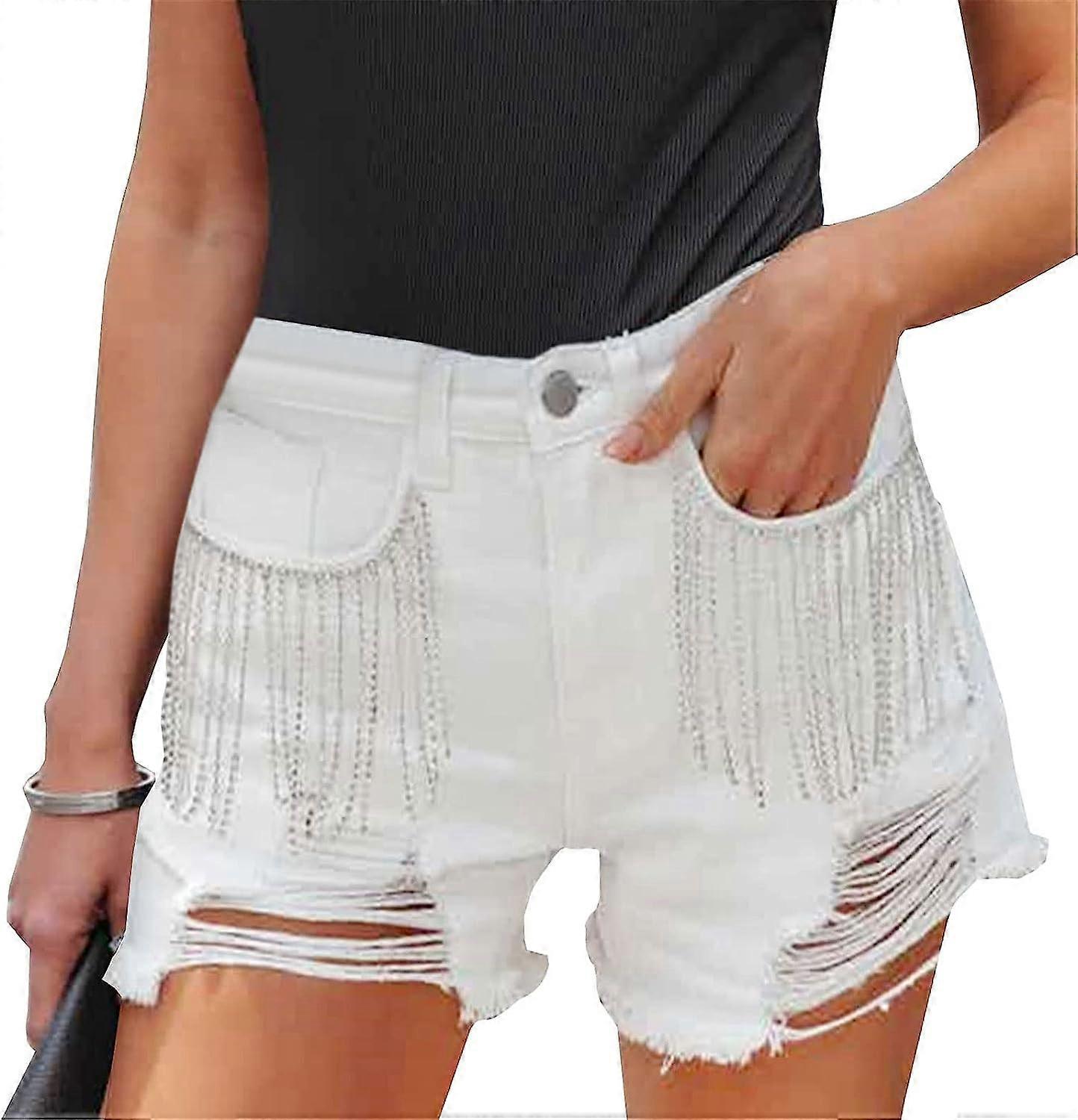 Women's Diamond Tassels Denim Shorts Summer Mid Rise Ripped Stretchy Jeans Shorts with Rhinestone Fringe