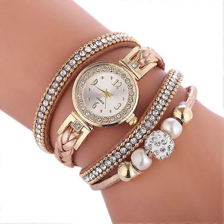 Women Rhinestone Bead Round Dial Snap Button Multi Layer Bracelet Quartz Watch