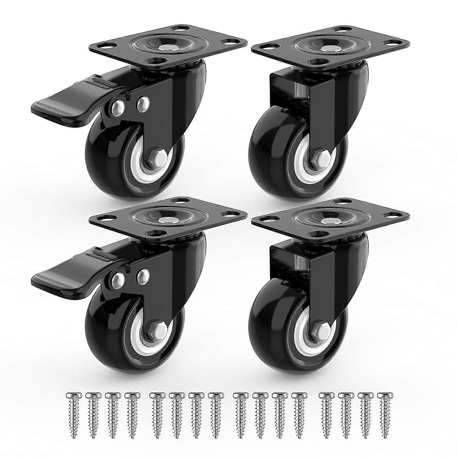 Swivel Castors for Furniture including 2 with Brake + Screws - 40mm up to 80KG - Castor without Floor Traces for Heavy Load