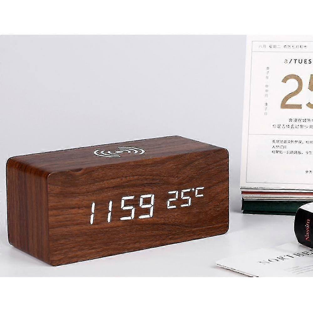 Wooden Digital Alarm Clock Wireless Charging With Date Temperature Humidity