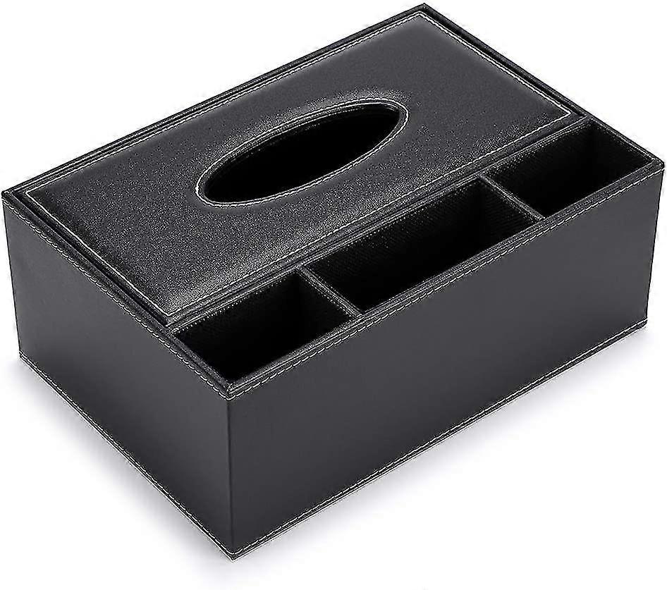 rectangular pu leather tissue box dispenser with 3 compartments desk organizer for remote control (black)