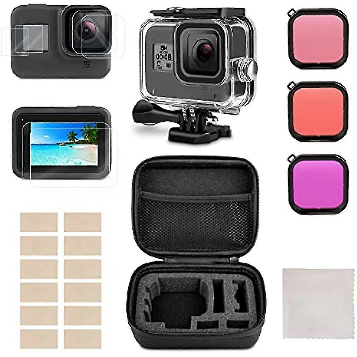 Waterproof Housing Case Accessories Kit Compatible With Gopro Hero 8 Bundle Include Waterproof Housing Case + Tempered Glass Screen Protector + Carryi