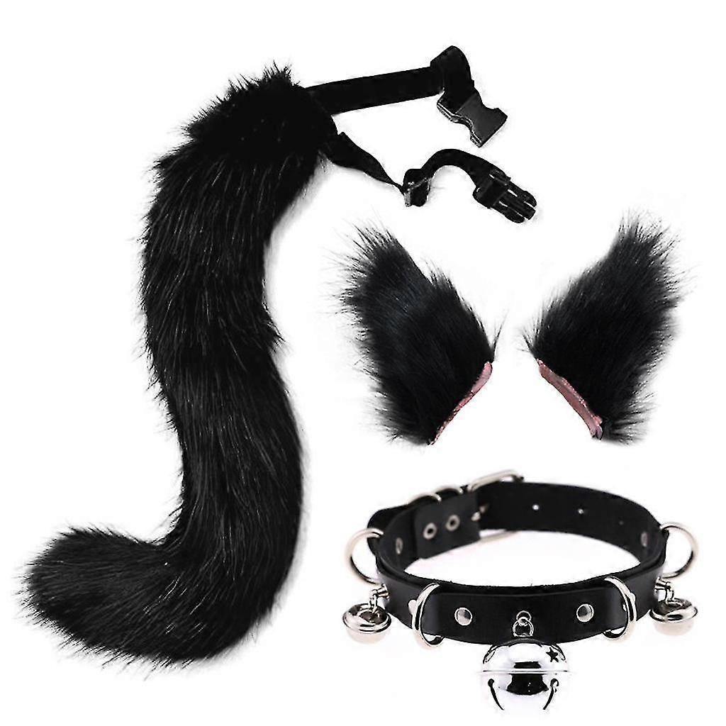 Adult Kids 3 Pieces Plush For Cat Ears Hair Clip Furry Wolf Tail With Faux Leather Bell Neck Choker Necklace Set Anime Halloween Cosplay Costume Acces