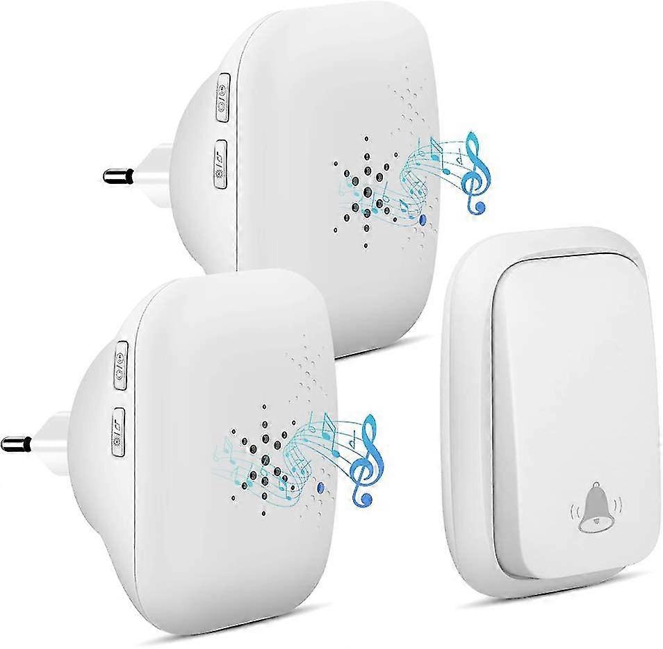 Wireless Doorbell,battery Free,required With 2 Receivers,150m Range Waterproof Push Button With 38 Chimes,4 Level Volume And Led-white