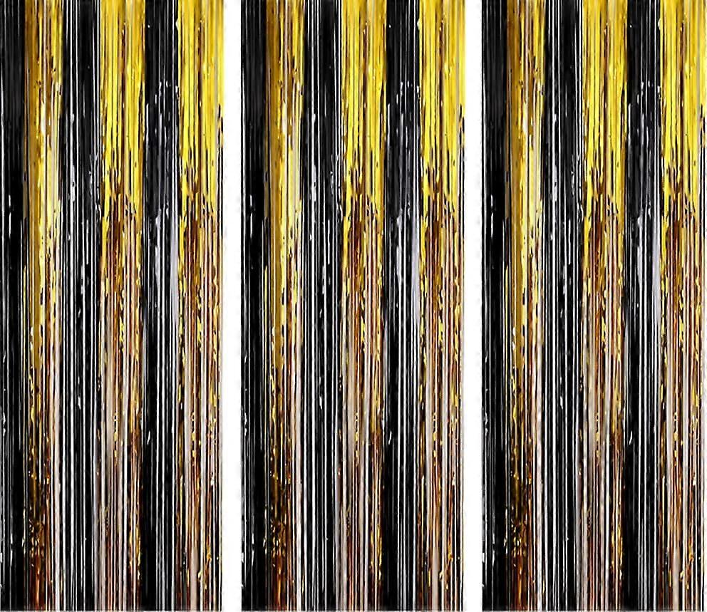 3 Pack Metallic Tinsel Curtains Foil Fringe Shimmer Streamers Curtain Door Window Decoration for Party Supplies 3ft*8ft - BlackGold