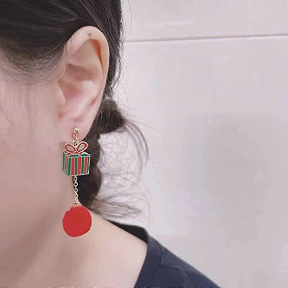 Christmas Tree Dangle Earrings - Green Glitter With Red Ornaments, Silver Hooks