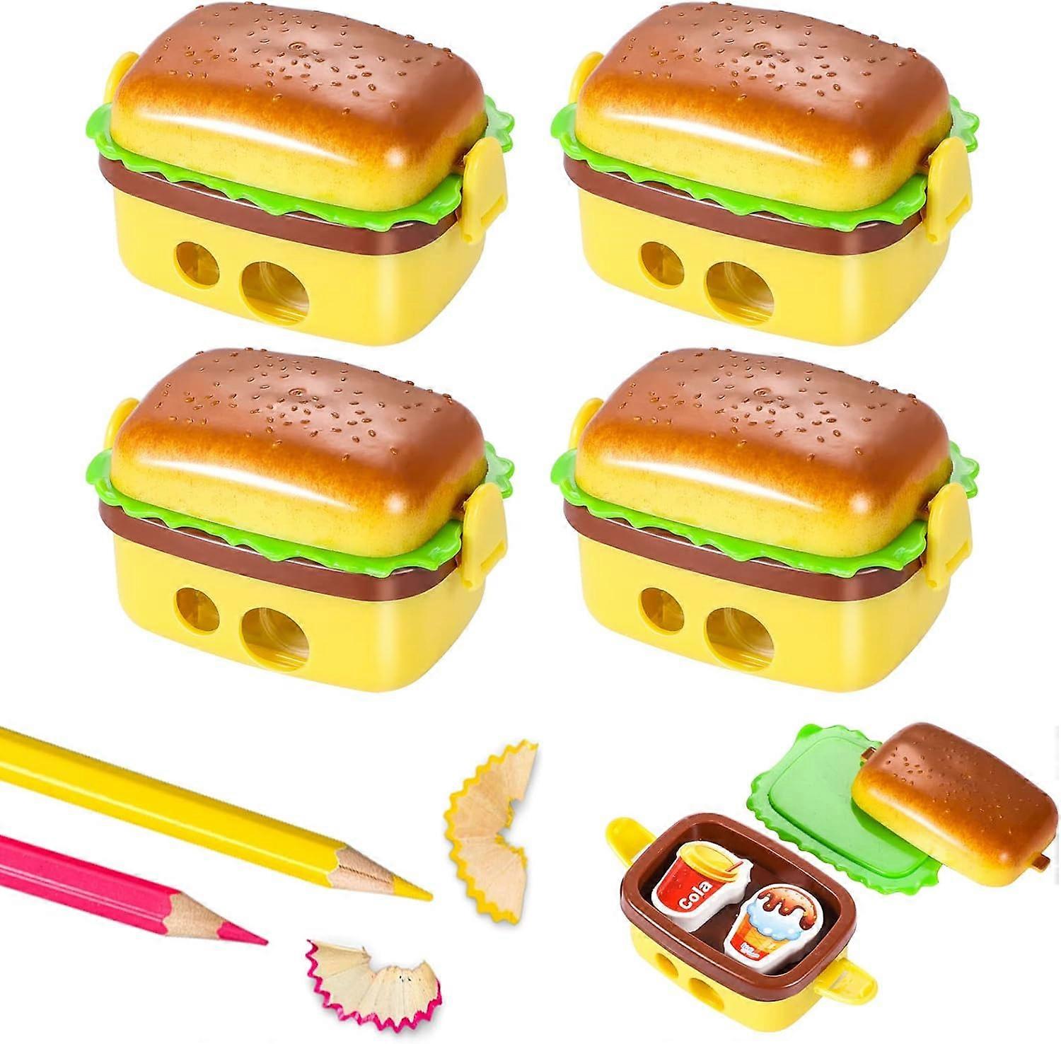 4 Pcs Hamburger Pencil Sharpeners, Funny Portable Manual Pencil Sharpener with Eraser, Compact Dual Holes Pencil Sharpener with Lid for School Kids